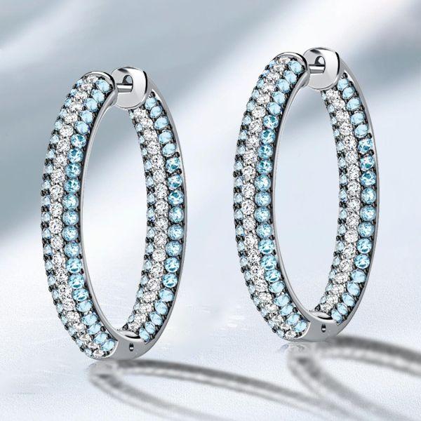 Aquamarine Hoop Earrings - Triple Row Sterling Silver Oval Hinged Earrings