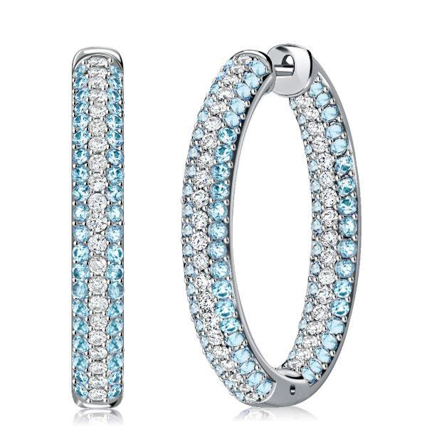 Aquamarine Hoop Earrings - Triple Row Sterling Silver Oval Hinged Earrings