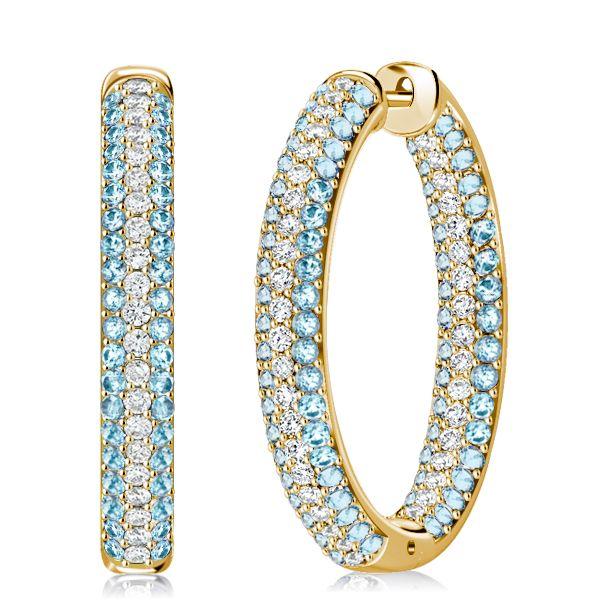 Aquamarine Hoop Earrings - Triple Row Sterling Silver Oval Hinged Earrings