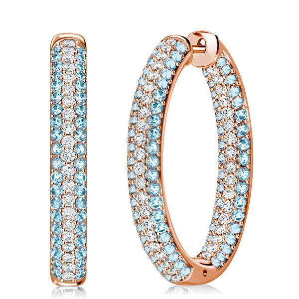 Aquamarine Hoop Earrings - Triple Row Sterling Silver Oval Hinged Earrings