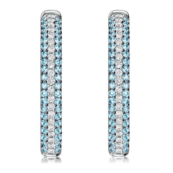 Aquamarine Hoop Earrings - Triple Row Sterling Silver Oval Hinged Earrings