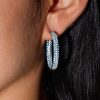 Aquamarine Hoop Earrings - Triple Row Sterling Silver Oval Hinged Earrings