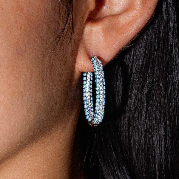 Aquamarine Hoop Earrings - Triple Row Sterling Silver Oval Hinged Earrings