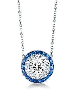 Classic Halo Created Sapphire Pendant Necklace in 925 Sterling Silver