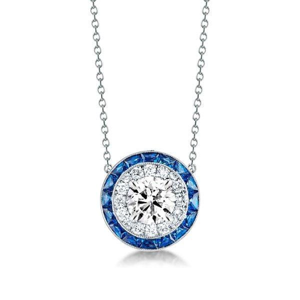 Classic Halo Created Sapphire Pendant Necklace in 925 Sterling Silver