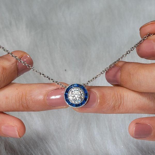Classic Halo Created Sapphire Pendant Necklace in 925 Sterling Silver