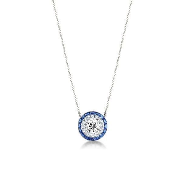 Classic Halo Created Sapphire Pendant Necklace in 925 Sterling Silver