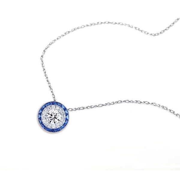 Classic Halo Created Sapphire Pendant Necklace in 925 Sterling Silver