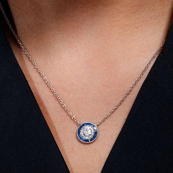 Classic Halo Created Sapphire Pendant Necklace in 925 Sterling Silver