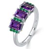 Emerald Cut Amethyst Three Stone Ring - 925 Sterling Silver