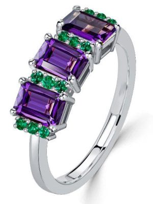 Emerald Cut Amethyst Three Stone Ring - 925 Sterling Silver