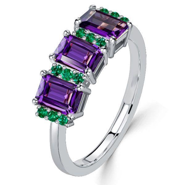 Emerald Cut Amethyst Three Stone Ring - 925 Sterling Silver