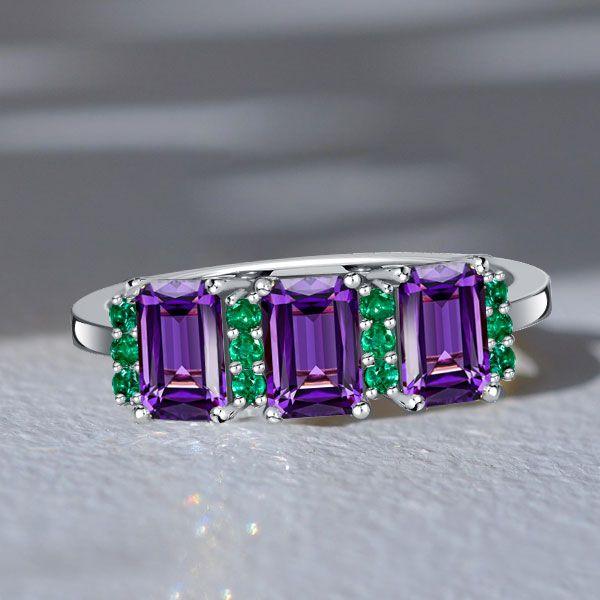 Emerald Cut Amethyst Three Stone Ring - 925 Sterling Silver
