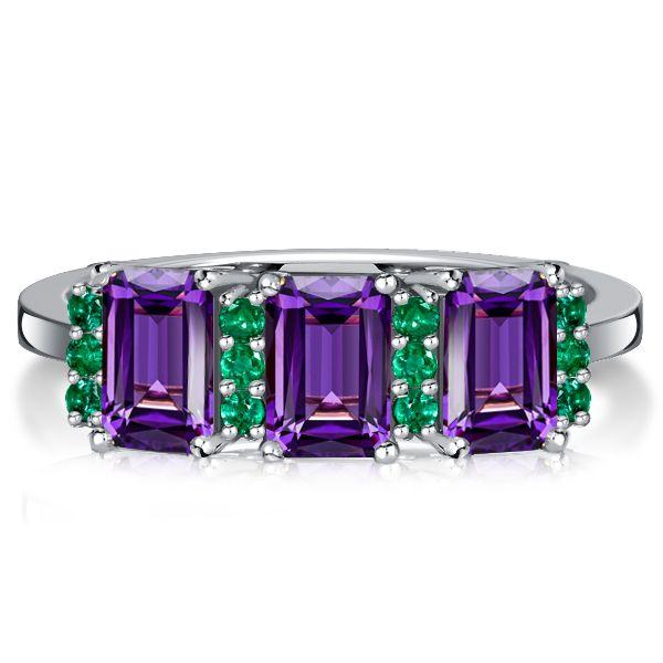 Emerald Cut Amethyst Three Stone Ring - 925 Sterling Silver