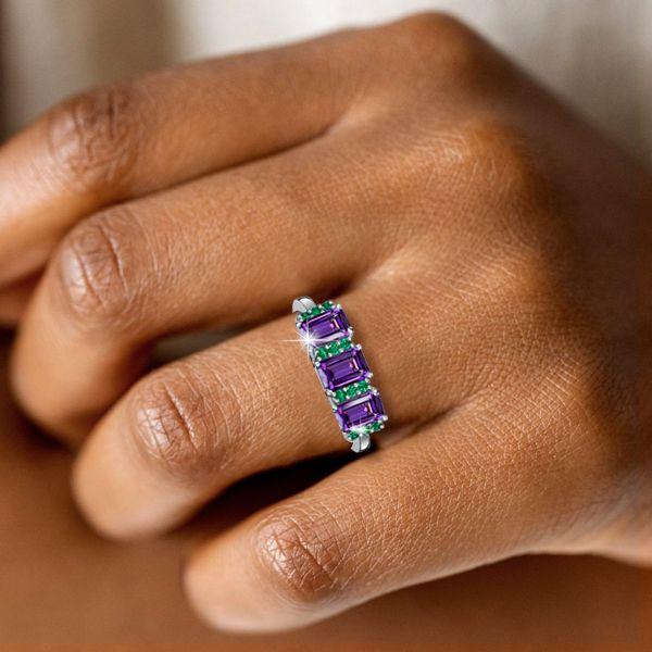 Emerald Cut Amethyst Three Stone Ring - 925 Sterling Silver