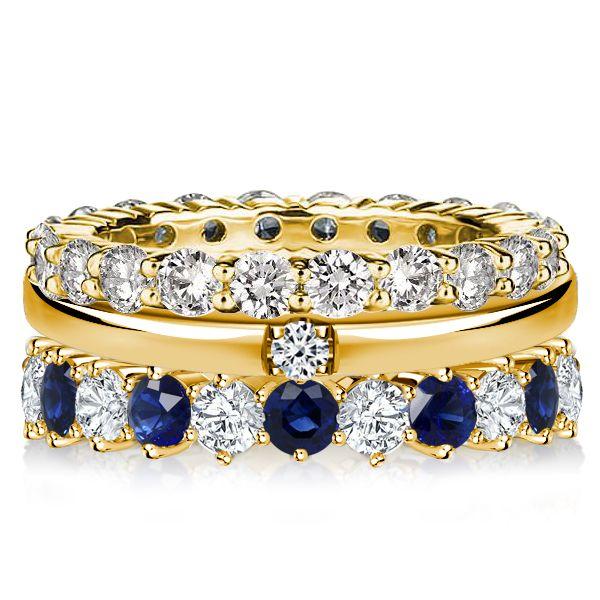 Golden Round Cut White & Blue Sapphire Stackable Ring Set - 18K Gold Plated Sterling Silver