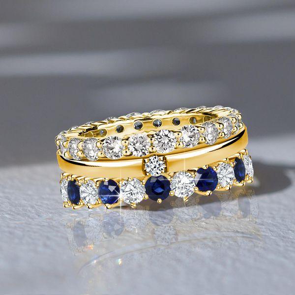 Golden Round Cut White & Blue Sapphire Stackable Ring Set - 18K Gold Plated Sterling Silver