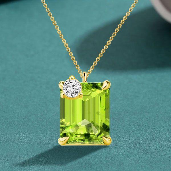 Emerald Cut Peridot Pendant Necklace for Women in Rhodium-Plated Sterling Silver