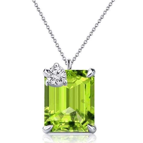 Emerald Cut Peridot Pendant Necklace for Women in Rhodium-Plated Sterling Silver