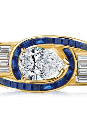 Golden Art Deco Pear Shaped Blue Sapphire Ring - 18K Gold Plated Sterling Silver