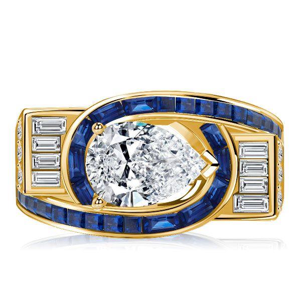 Golden Art Deco Pear Shaped Blue Sapphire Ring - 18K Gold Plated Sterling Silver