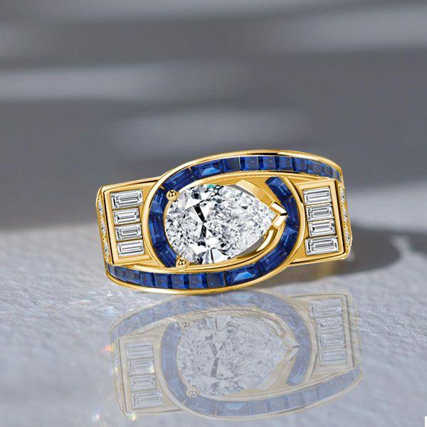 Golden Art Deco Pear Shaped Blue Sapphire Ring - 18K Gold Plated Sterling Silver