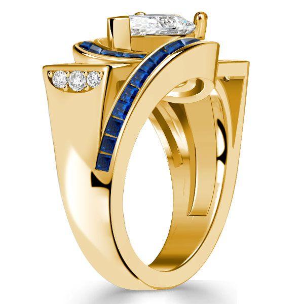 Golden Art Deco Pear Shaped Blue Sapphire Ring - 18K Gold Plated Sterling Silver