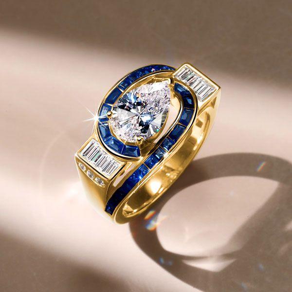 Golden Art Deco Pear Shaped Blue Sapphire Ring - 18K Gold Plated Sterling Silver