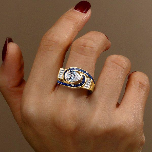 Golden Art Deco Pear Shaped Blue Sapphire Ring - 18K Gold Plated Sterling Silver