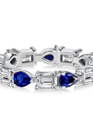 Pear Shaped Blue Sapphire & Emerald Eternity Band Ring - Sterling Silver