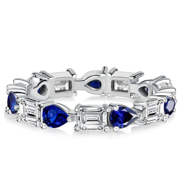 Pear Shaped Blue Sapphire & Emerald Eternity Band Ring - Sterling Silver