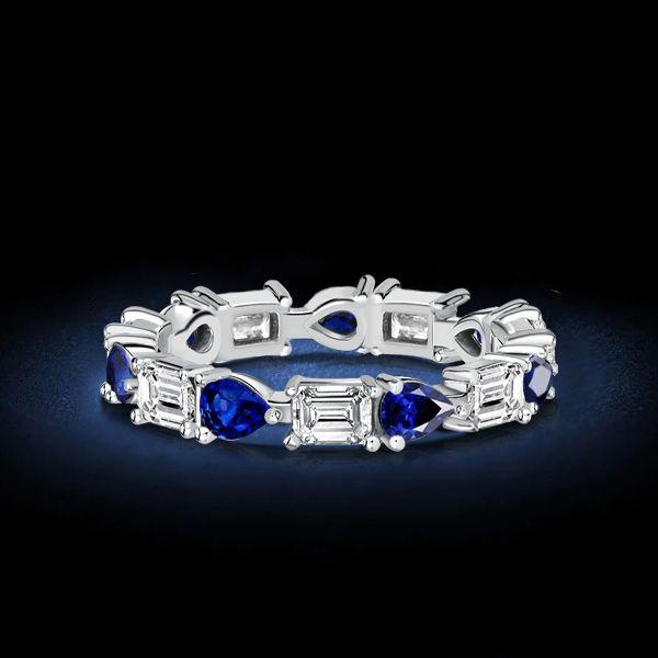 Pear Shaped Blue Sapphire & Emerald Eternity Band Ring - Sterling Silver