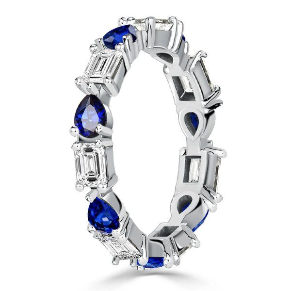 Pear Shaped Blue Sapphire & Emerald Eternity Band Ring - Sterling Silver