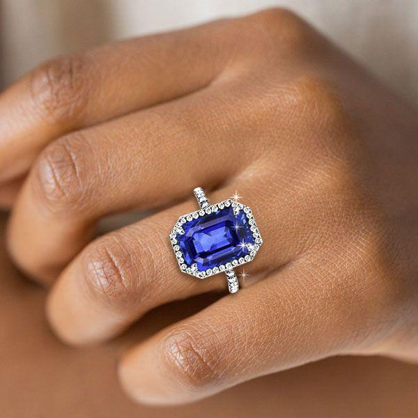 Emerald Cut Blue Sapphire Engagement Ring - 925 Sterling Silver