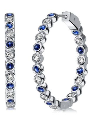 Sterling Silver Hoop Earrings with White & Blue Sapphires - Bezel Set