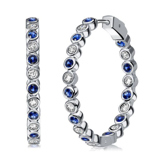 Sterling Silver Hoop Earrings with White & Blue Sapphires - Bezel Set