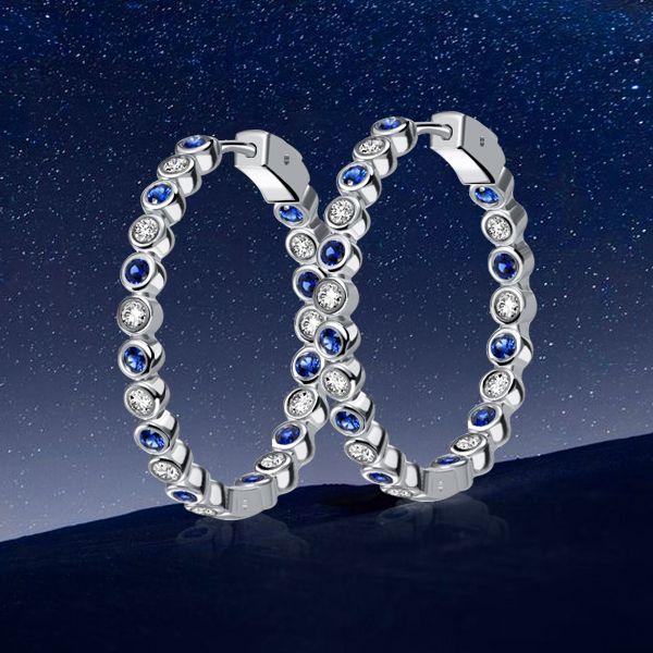 Sterling Silver Hoop Earrings with White & Blue Sapphires - Bezel Set