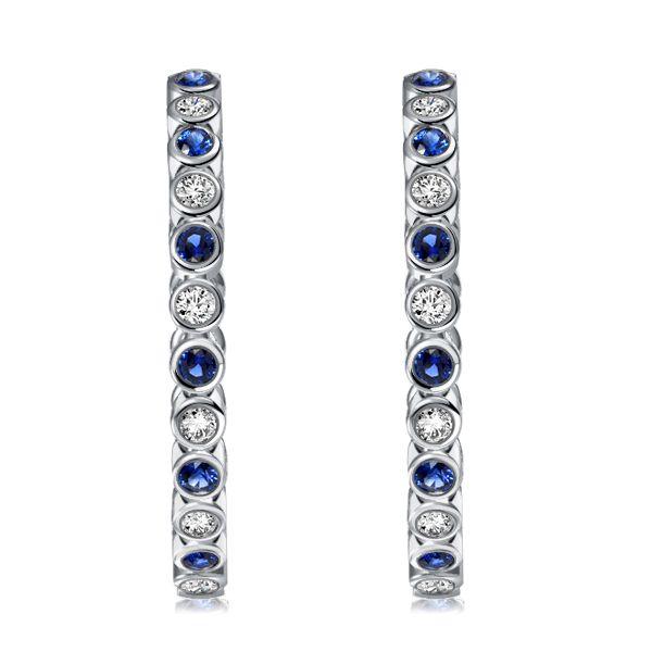 Sterling Silver Hoop Earrings with White & Blue Sapphires - Bezel Set