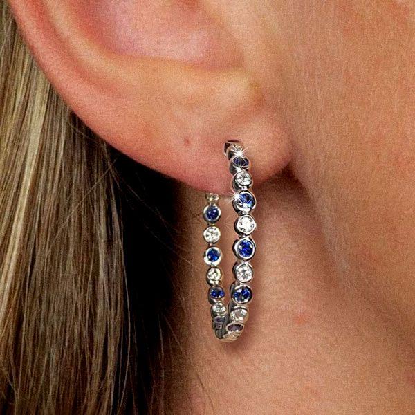 Sterling Silver Hoop Earrings with White & Blue Sapphires - Bezel Set