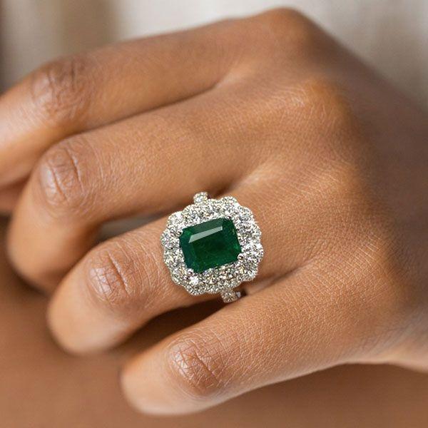 Halo Emerald Vintage Engagement Ring - Sterling Silver