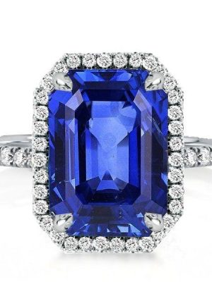 Emerald Cut Blue Sapphire Engagement Ring in Rhodium Plated Sterling Silver
