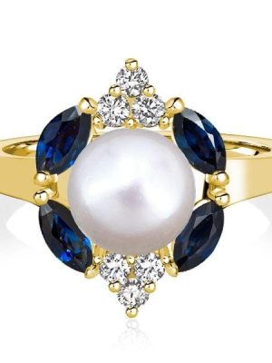 Halo Blue Sapphire and Pearl Engagement Ring in 18K Gold Plated Sterling Silver