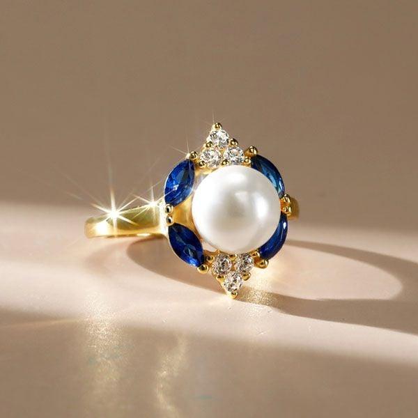 Halo Blue Sapphire and Pearl Engagement Ring in 18K Gold Plated Sterling Silver