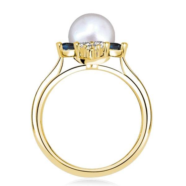 Halo Blue Sapphire and Pearl Engagement Ring in 18K Gold Plated Sterling Silver