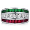 Emerald Green & Ruby Sterling Silver Triple Row Wedding Band Ring