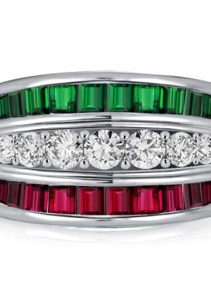 Emerald Green & Ruby Sterling Silver Triple Row Wedding Band Ring