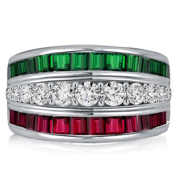 Emerald Green & Ruby Sterling Silver Triple Row Wedding Band Ring