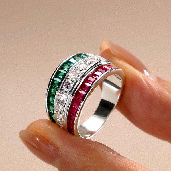 Emerald Green & Ruby Sterling Silver Triple Row Wedding Band Ring