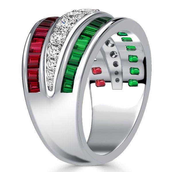 Emerald Green & Ruby Sterling Silver Triple Row Wedding Band Ring