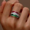 Emerald Green & Ruby Sterling Silver Triple Row Wedding Band Ring